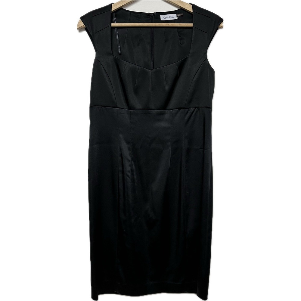Calvin Klein Size 10 Cocktail Black Satin Sheath Dress Cap Sleeve Back Zip women